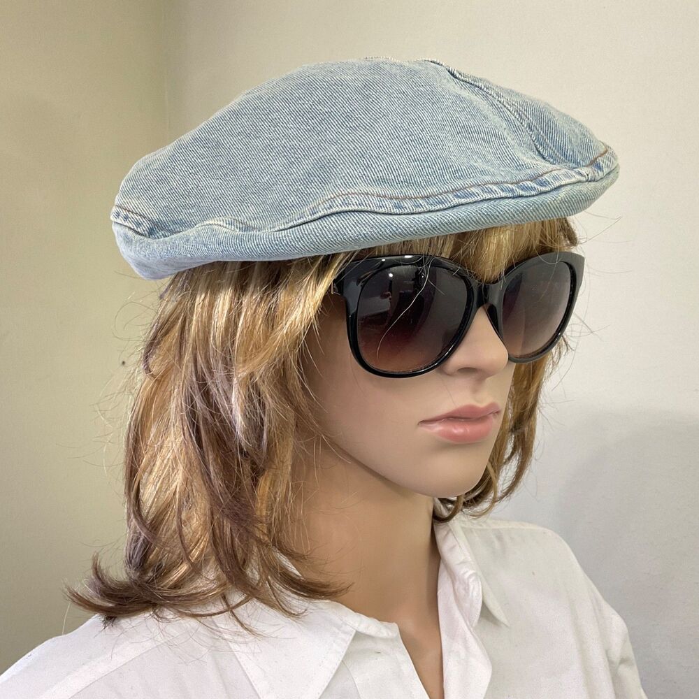 On The Momentum Denim Beret Flat Hat Women OSFM Boho Artsy Parisian Logo button